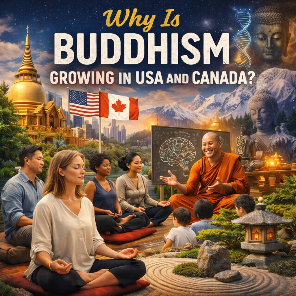 Meditation group with monk – Buddhism growing in USA and Canada